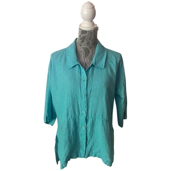 FLAX Linen Button Down Shirt Blue - Picture 1 of 8
